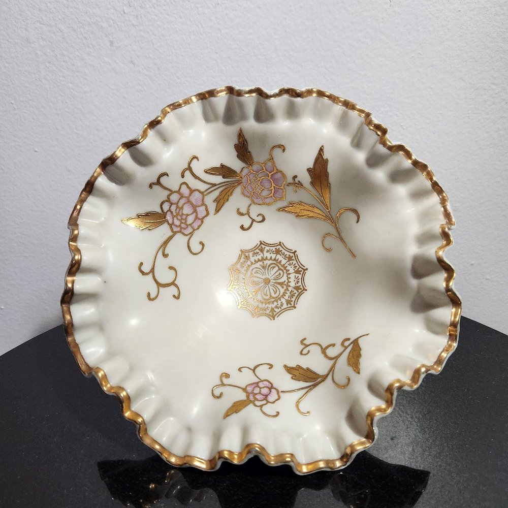 Arnart Creations Pedestal Porcelain Bowl, Hand Painted Pink - Gold Flowers 1950s